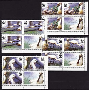 Румыния 2006, WWF, Птицы, Белая Колпица, 4 нижних квартблока с купонами Румыния 2006, WWF, Птицы, Белая Колпица, 4 нижних квартблока с купонами